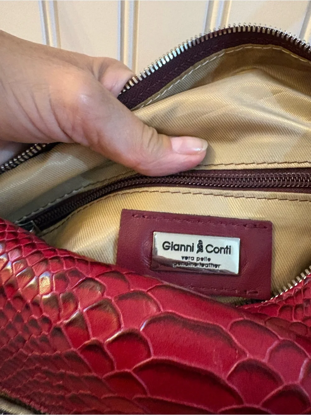 Gianni Conti Red Leather Snake-Embossed Italian Adjustable Backpack/Crossbody